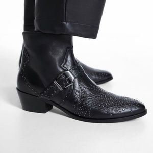 Zara Studded Ankle Black Leather Western Rocker Festival Boots Women’s US 7.5